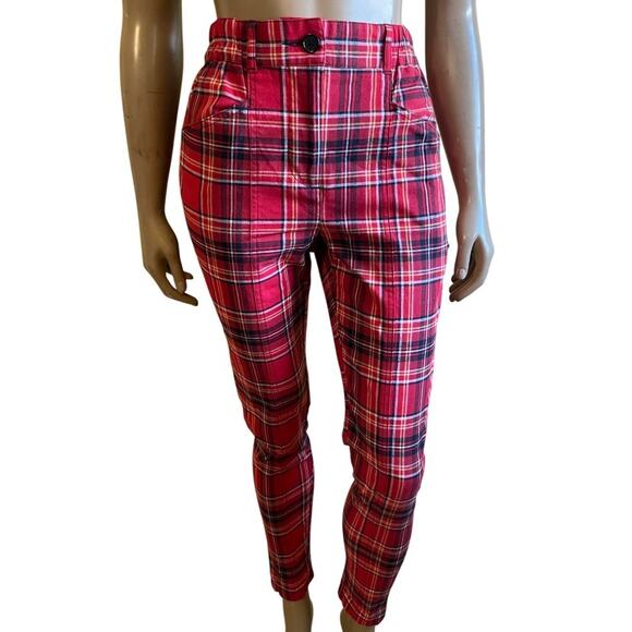 Urban Outfitters Plaid Skinny Pants  Red Tartan Stretch Small Punk Grunge Y2K - Picture 1 of 7